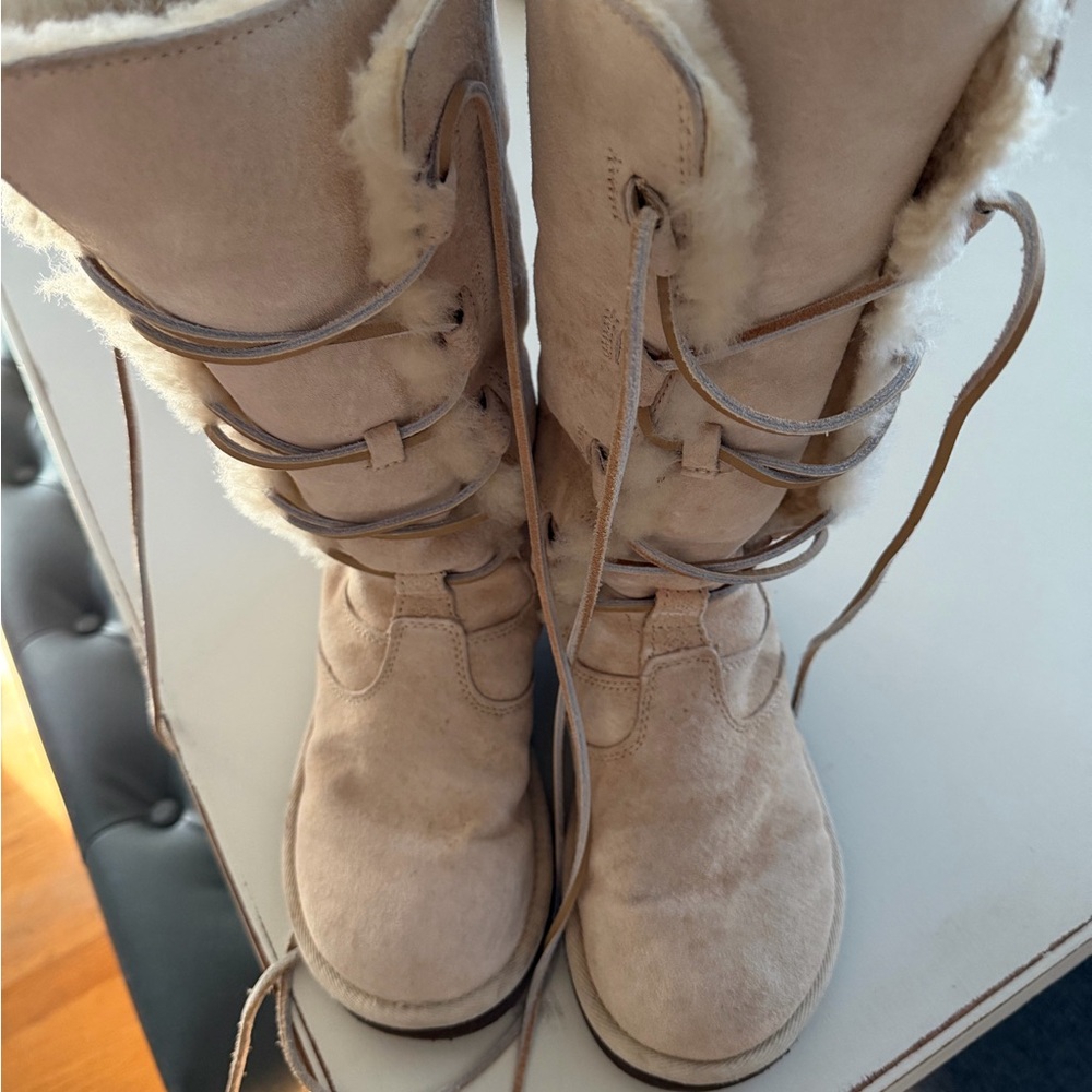 UGG Uptown Women's Lace-Up Shearling Tall Boots - Beige - Picture 3 of 8